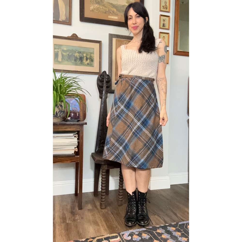 Vintage 70s Donnkenny Plaid Wool Blend Wrap Skirt Brown Blue A-Line Academia